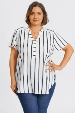 Stripe Crepe De Chine Flutter Short Sleeve Blouse -Luna Marina Store c topbc039001 6