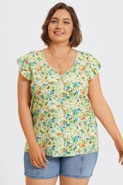 Plus Size Allover Floral Print Butterfly Sleeve Blouse 10 Plus Size Allover Floral Print Butterfly Sleeve Blouse -Luna Marina Store c topbc040001 3