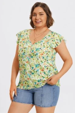 Plus Size Allover Floral Print Butterfly Sleeve Blouse 13 Plus Size Allover Floral Print Butterfly Sleeve Blouse -Luna Marina Store c topbc040001 6