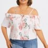 Floral Print Cold Shoulder Ruffle Trim Tie Front Blouse -Luna Marina Store c topbc041001 1