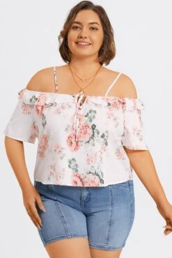 Floral Print Cold Shoulder Ruffle Trim Tie Front Blouse