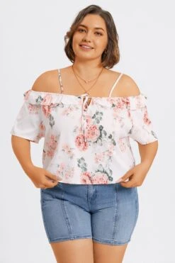 Floral Print Cold Shoulder Ruffle Trim Tie Front Blouse 10 Floral Print Cold Shoulder Ruffle Trim Tie Front Blouse -Luna Marina Store c topbc041001 3