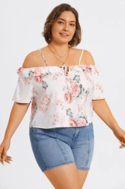 Floral Print Cold Shoulder Ruffle Trim Tie Front Blouse 11 Floral Print Cold Shoulder Ruffle Trim Tie Front Blouse -Luna Marina Store c topbc041001 4