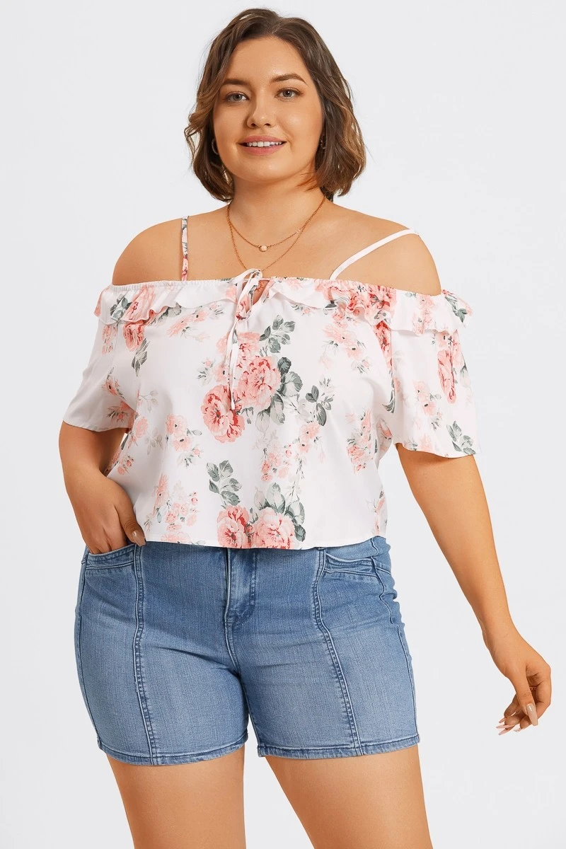 Floral Print Cold Shoulder Ruffle Trim Tie Front Blouse 8 Floral Print Cold Shoulder Ruffle Trim Tie Front Blouse - Image 6