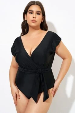 Black Short Sleeve Waist Tie One Piece Swimsuit -Luna Marina Store dsc00015