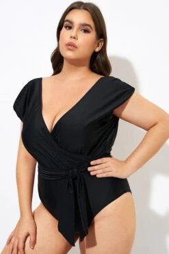 Black Short Sleeve Waist Tie One Piece Swimsuit -Luna Marina Store dsc00017