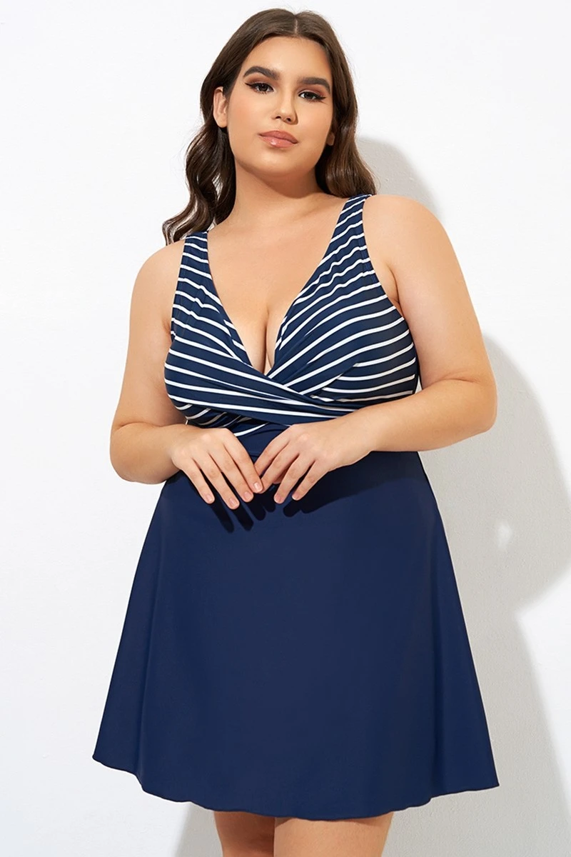 Navy And White Stripe Wrap Front Swimdress 6 Navy And White Stripe Wrap Front Swimdress - Image 4