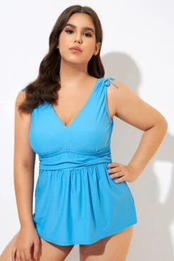 Blue Ruched Retro V Neck Tankini Top -Luna Marina Store dsc00348