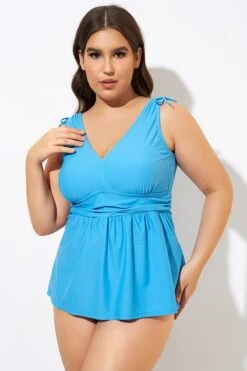Blue Ruched Retro V Neck Tankini Top -Luna Marina Store dsc00363