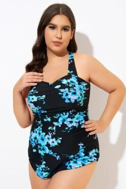 Blue Flower H-Back Sarong Front One Piece Swimsuit -Luna Marina Store dsc00504