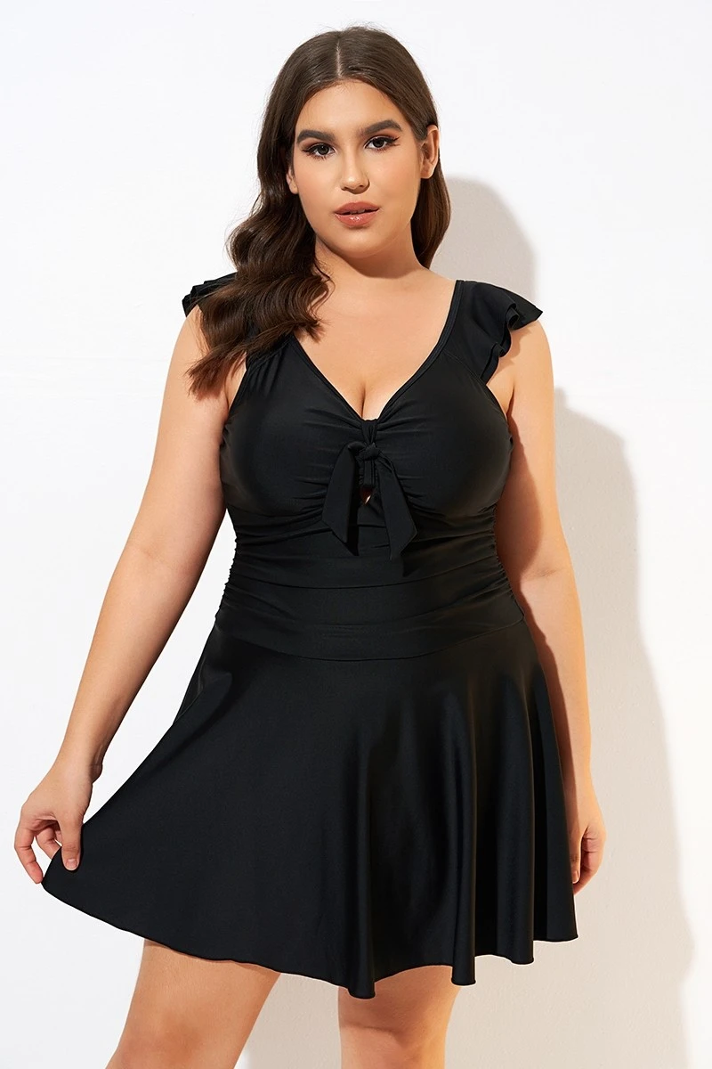 Ruffle Swimsuit Tie Knot Front Ruched Vintage Swimdress 3 Ruffle Swimsuit Tie Knot Front Ruched Vintage Swimdress