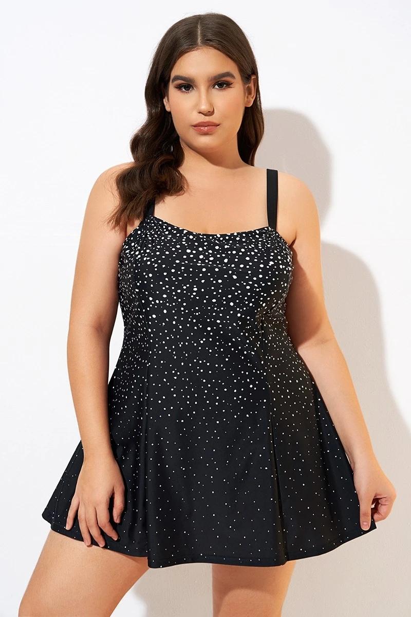 Black White Dot Square Neckline Adjustable Straps Swimdress 3 Black White Dot Square Neckline Adjustable Straps Swimdress