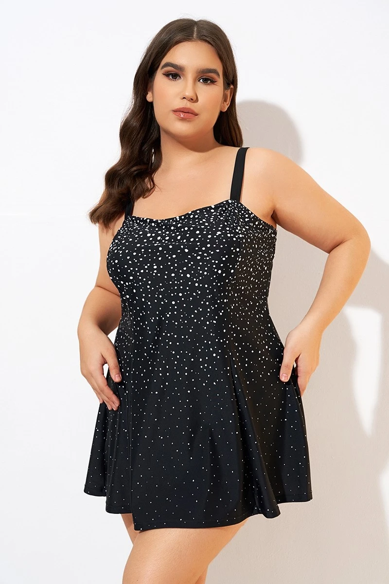 Black White Dot Square Neckline Adjustable Straps Swimdress 6 Black White Dot Square Neckline Adjustable Straps Swimdress - Image 4