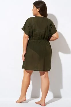 Dark Green V Neck Elastic Waisted Cover Up -Luna Marina Store dsc00768