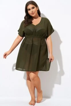Dark Green V Neck Elastic Waisted Cover Up -Luna Marina Store dsc00778