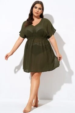 Dark Green V Neck Elastic Waisted Cover Up -Luna Marina Store dsc00779