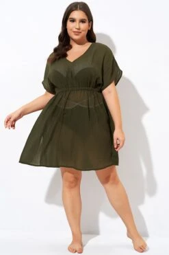 Dark Green V Neck Elastic Waisted Cover Up -Luna Marina Store dsc00787