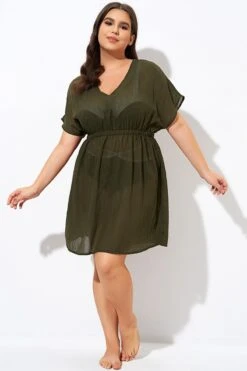 Dark Green V Neck Elastic Waisted Cover Up -Luna Marina Store dsc00789