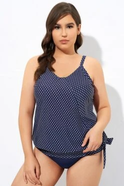 Navy Pindot Women Side Tie Round Neck Tankini Top -Luna Marina Store dsc07014