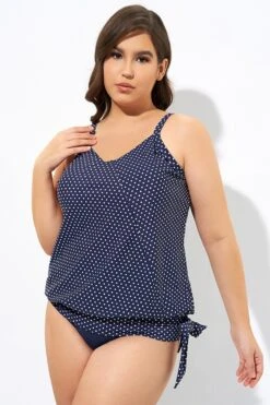Navy Pindot Women Side Tie Round Neck Tankini Top -Luna Marina Store dsc07052