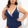 Blue Twist Front Plunge White Trim One Piece Swimsuit -Luna Marina Store dsc07363