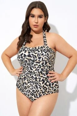Leopard Print Thick Halter Straps One Piece Swimsuit -Luna Marina Store dsc07555
