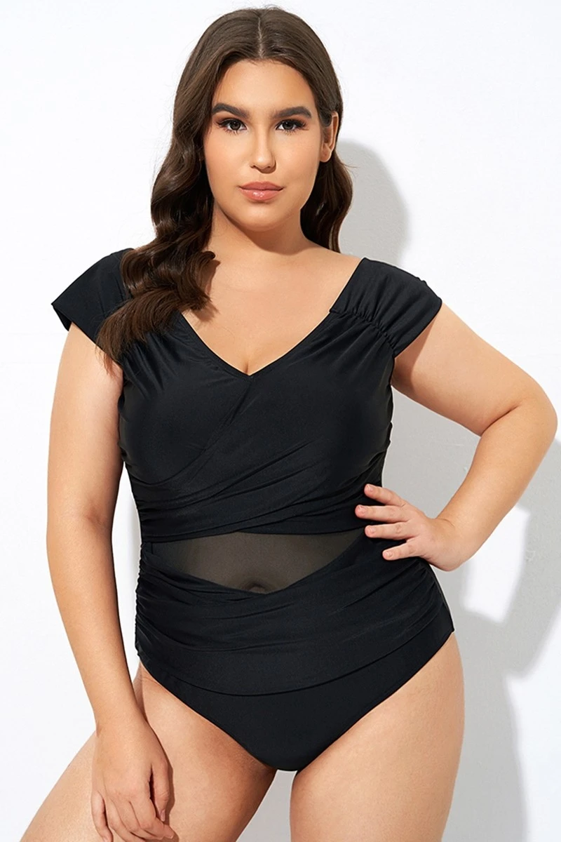 Black Mesh Cap Sleeve Cut Out One Piece Swimsuit 5 Black Mesh Cap Sleeve Cut Out One Piece Swimsuit - Image 3