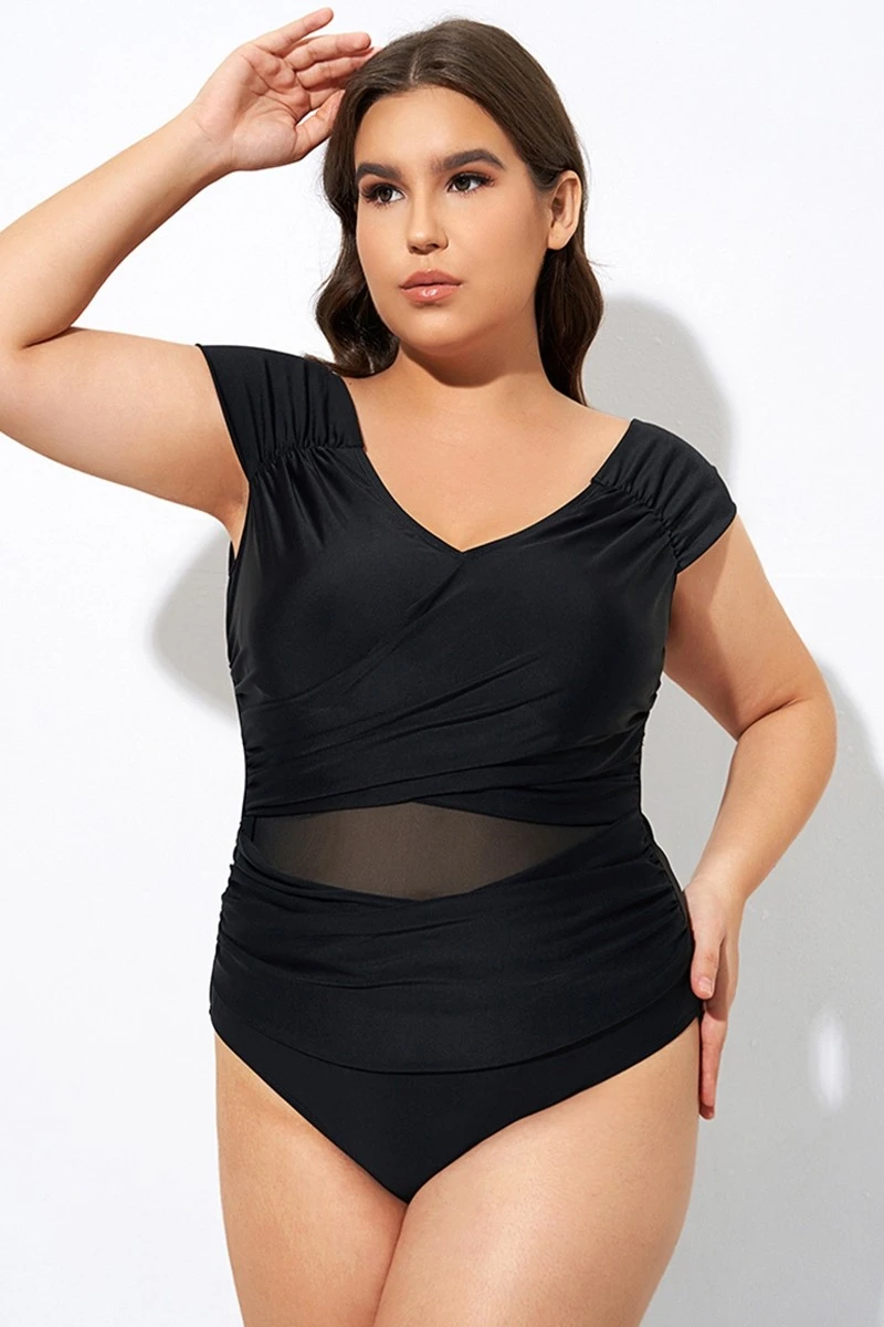 Black Mesh Cap Sleeve Cut Out One Piece Swimsuit 6 Black Mesh Cap Sleeve Cut Out One Piece Swimsuit - Image 4