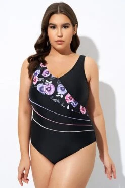 Black Flower Printed Women One Piece Swimsuit -Luna Marina Store dsc07725