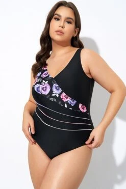 Black Flower Printed Women One Piece Swimsuit -Luna Marina Store dsc07736