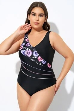 Black Flower Printed Women One Piece Swimsuit -Luna Marina Store dsc07747