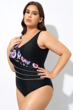 Black Flower Printed Women One Piece Swimsuit -Luna Marina Store dsc07756