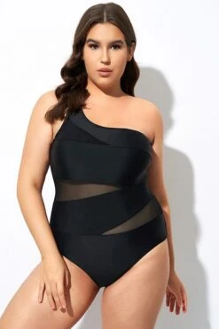 Black Mesh Sexy One Shoulder One Piece Swimsuit 10 Black Mesh Sexy One Shoulder One Piece Swimsuit -Luna Marina Store dsc07964