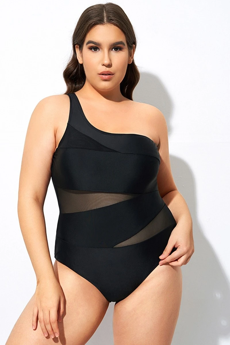 Black Mesh Sexy One Shoulder One Piece Swimsuit 3 Black Mesh Sexy One Shoulder One Piece Swimsuit