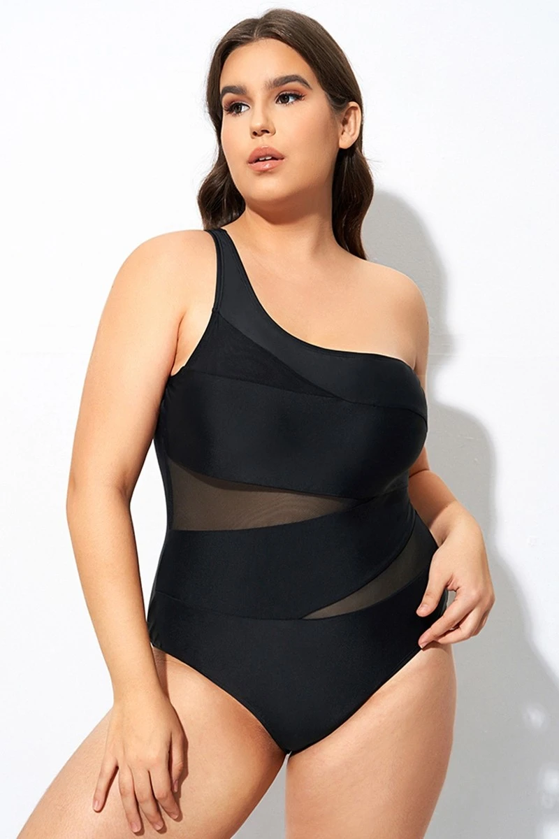 Black Mesh Sexy One Shoulder One Piece Swimsuit 7 Black Mesh Sexy One Shoulder One Piece Swimsuit - Image 5