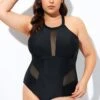 Black High Neck Plunge Mesh Cutout One Piece Swimsuit 2 Black High Neck Plunge Mesh Cutout One Piece Swimsuit -Luna Marina Store dsc08128
