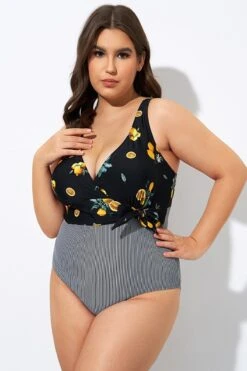 Lemon Stripes Print Front Lining One Piece Swimsuit -Luna Marina Store dsc08257