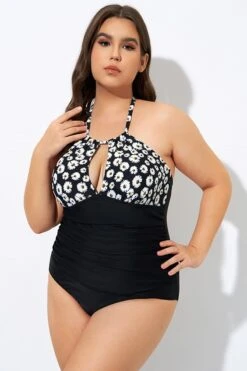 Daisy Print Cutout High Neck One Piece Swimsuit -Luna Marina Store dsc08307