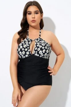 Daisy Print Cutout High Neck One Piece Swimsuit -Luna Marina Store dsc08311