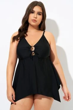 Black Front Tie Flowy Cross Back Tankini Top -Luna Marina Store dsc09494