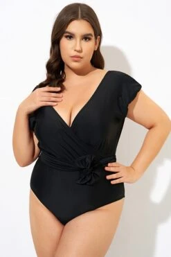 Black Short Sleeve Waist Tie One Piece Swimsuit -Luna Marina Store dsc09990